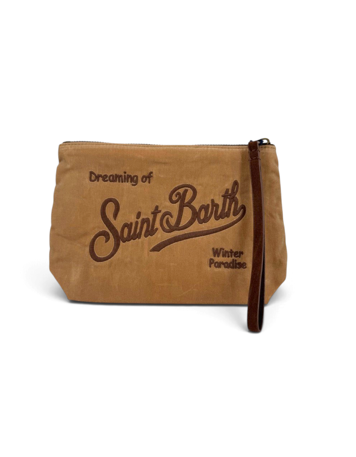 Pochette DevidLabel MC2 Saint Barth Aline Wax marrone con logo ricamato e chiusura a zip