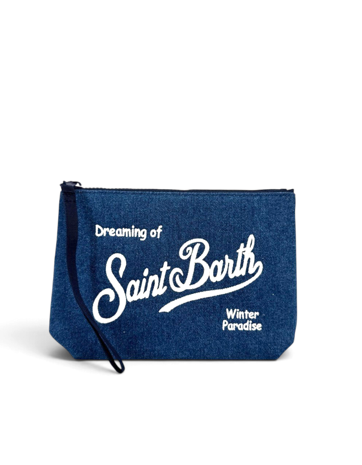 Pochette DevidLabel Aline in denim blu con logo Saint Barth ricamato bianco e chiusura a zip