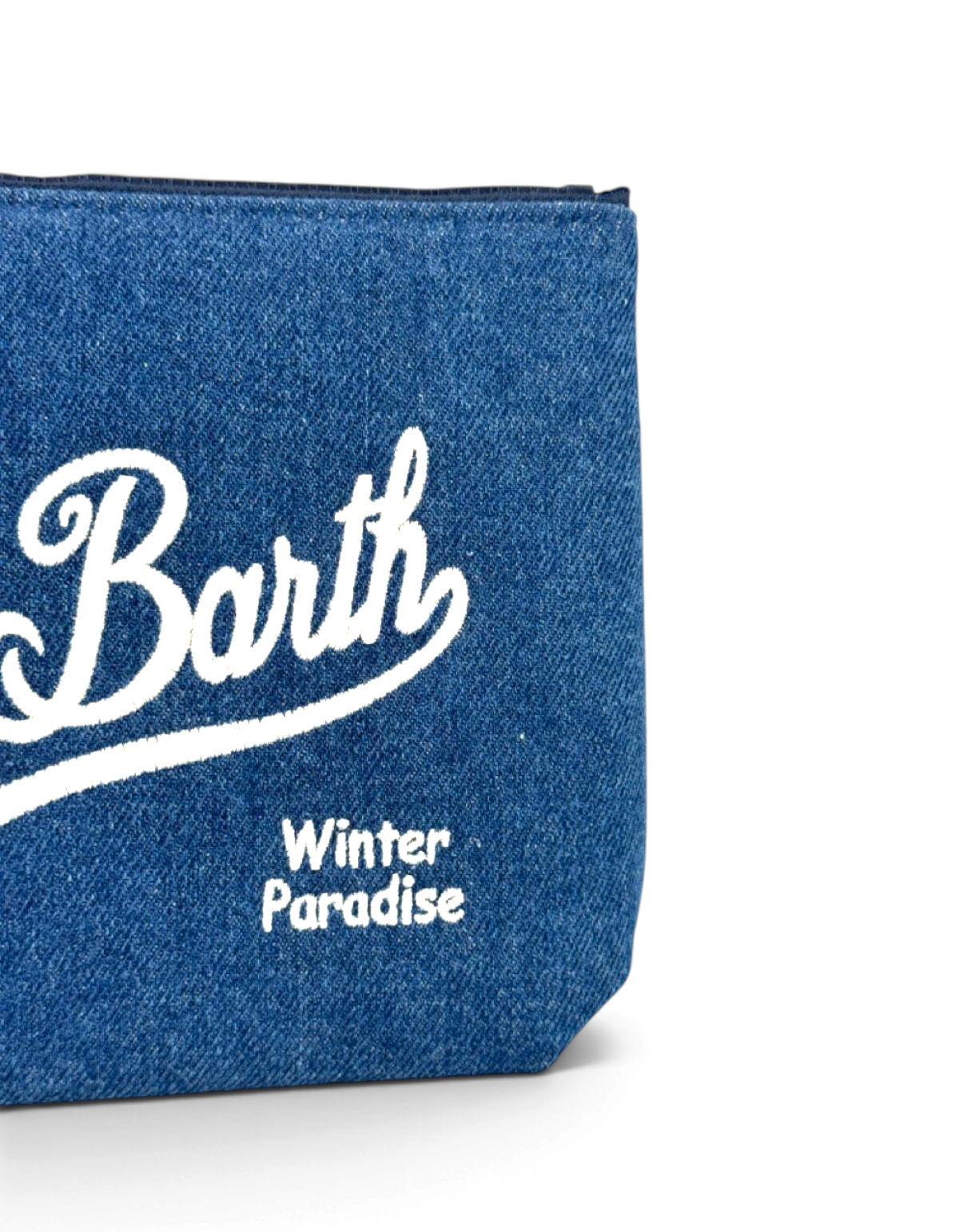 Pochette DevidLabel Aline in denim blu con logo Saint Barth ricamato e scritta Winter Paradise