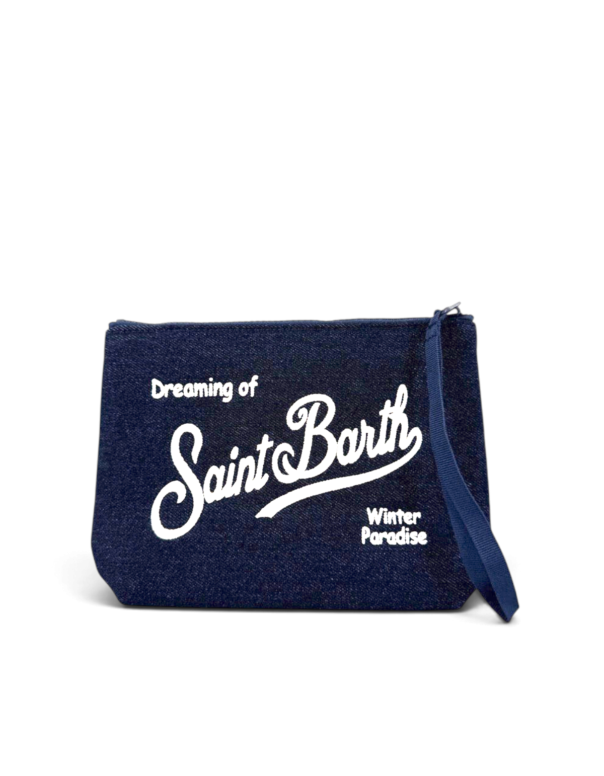Pochette DevidLabel Aline in denim blu scuro con logo Saint Barth bianco ricamato e chiusura a zip