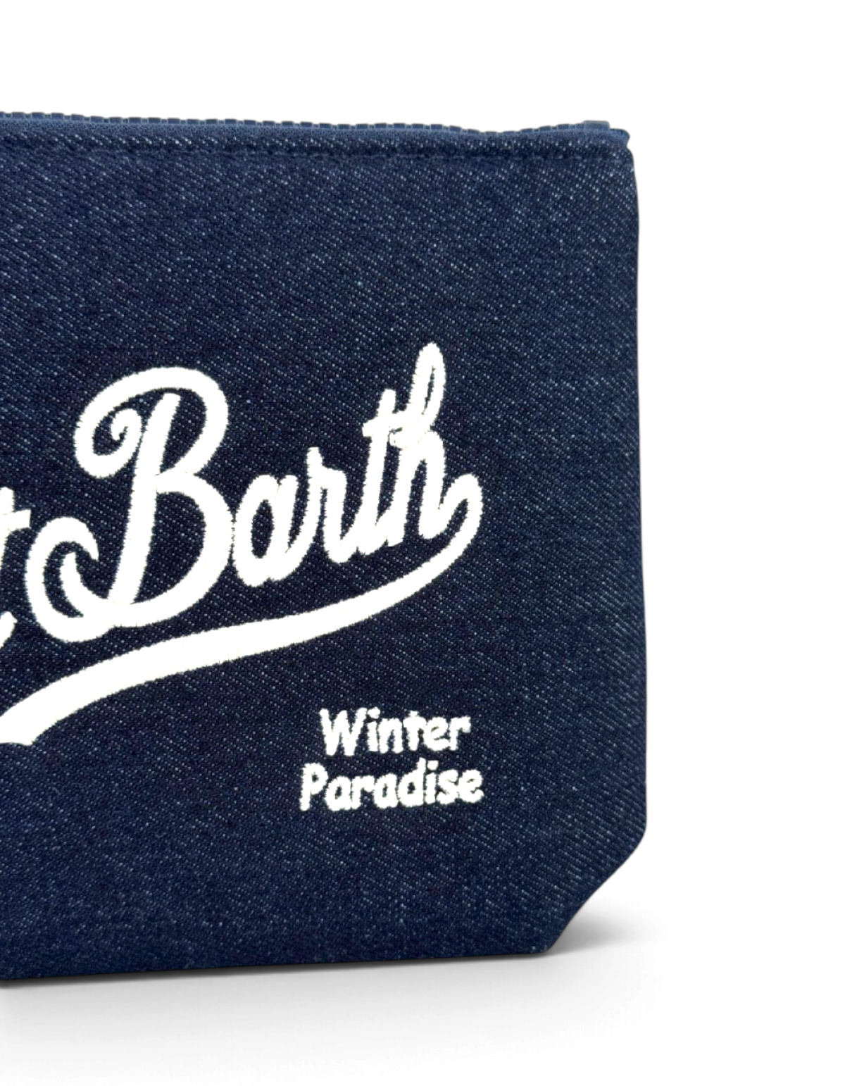 Pochette DevidLabel Aline in denim blu scuro con logo ricamato bianco e scritta Winter Paradise