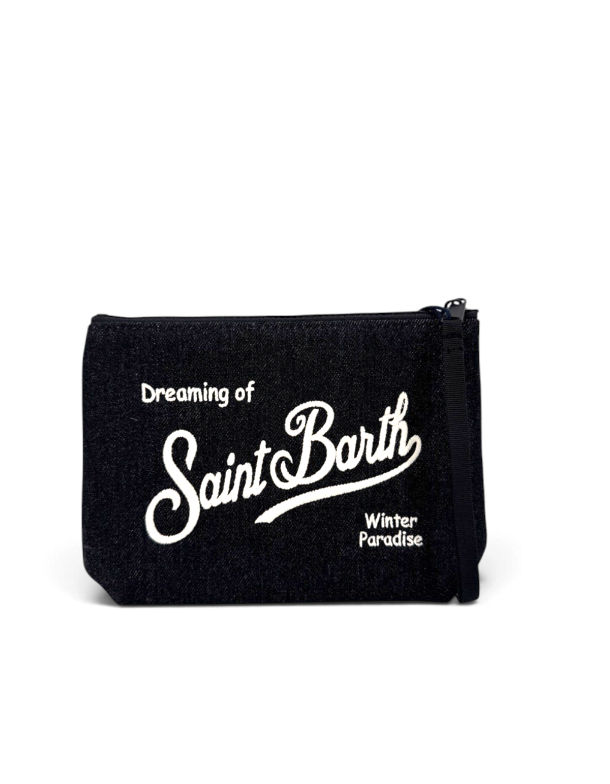 Pochette DevidLabel Aline in denim scuro con logo Saint Barth ricamato bianco e chiusura a zip