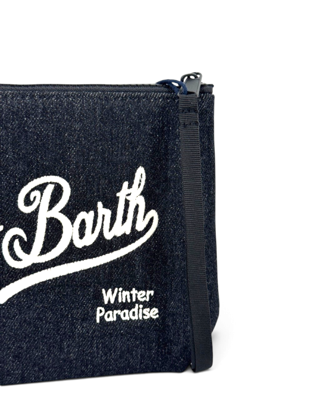 Pochette DevidLabel Aline in denim blu scuro con logo ricamato bianco e tirante nero, chiusura con zip.