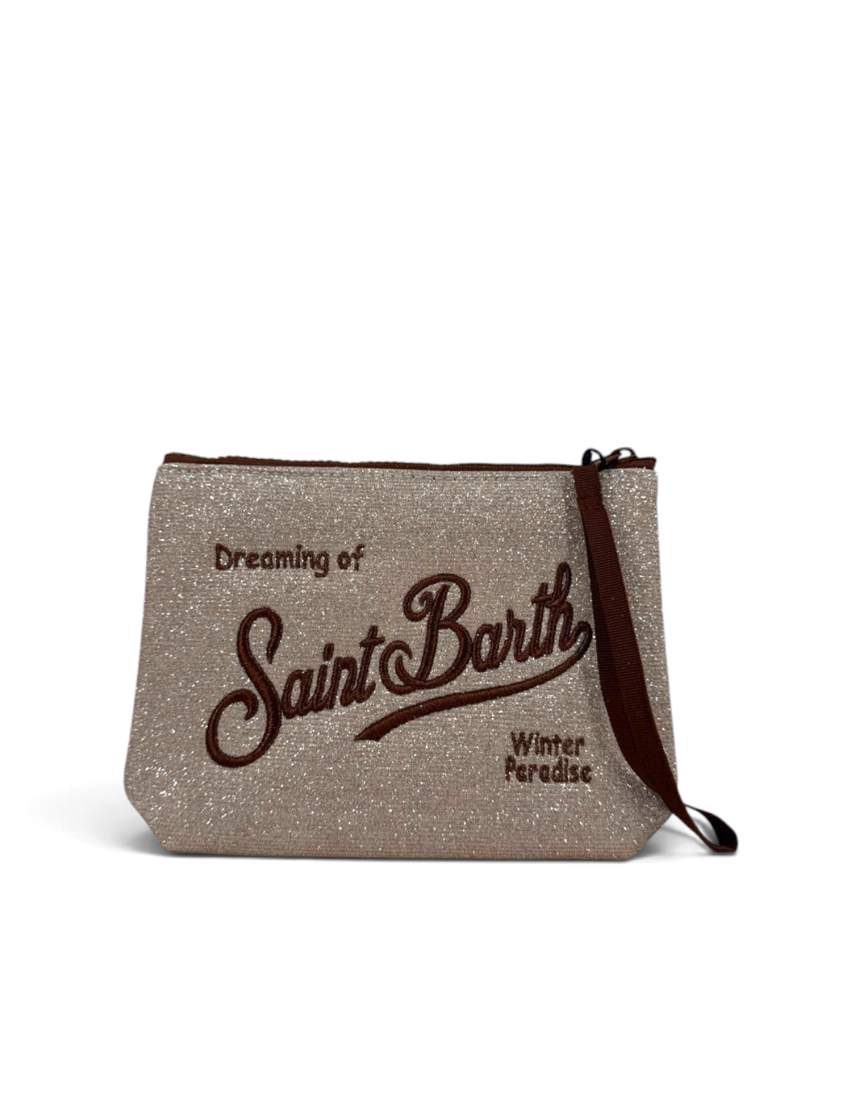 Pochette DevidLabel MC2 Saint Barth Aline Lurex color argento con logo ricamato e chiusura a zip
