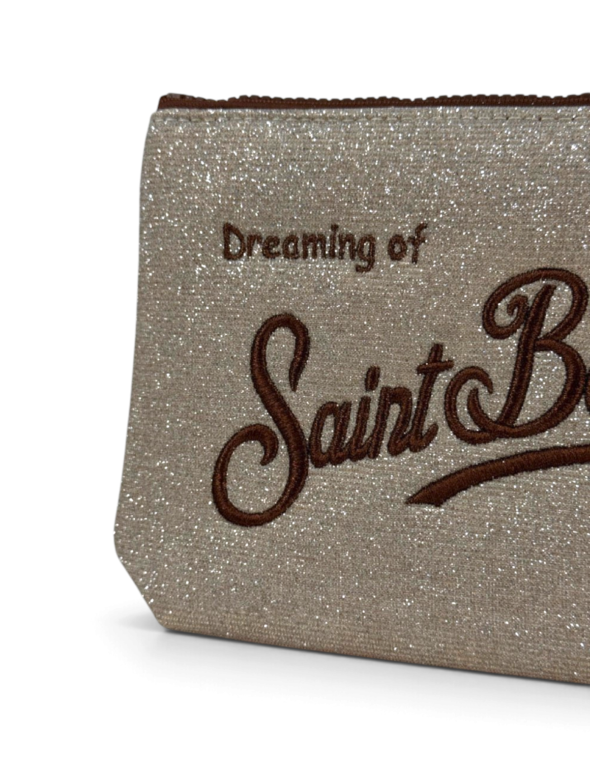Pochette DevidLabel Aline Lurex argento glitterato con ricamo marrone Saint Barth e chiusura a zip