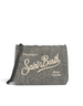 Pochette DevidLabel Aline in lana grigia con motivo a spina di pesce, ricamo Saint Barth e dettagli in strass