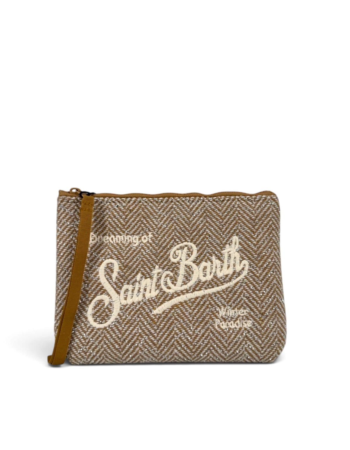 Pochette DevidLabel Aline in lana beige con motivo a spina di pesce, ricamo Saint Barth e dettagli in strass