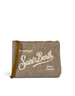 Pochette DevidLabel Aline in lana beige con motivo a spina di pesce, ricamo Saint Barth e dettagli in strass