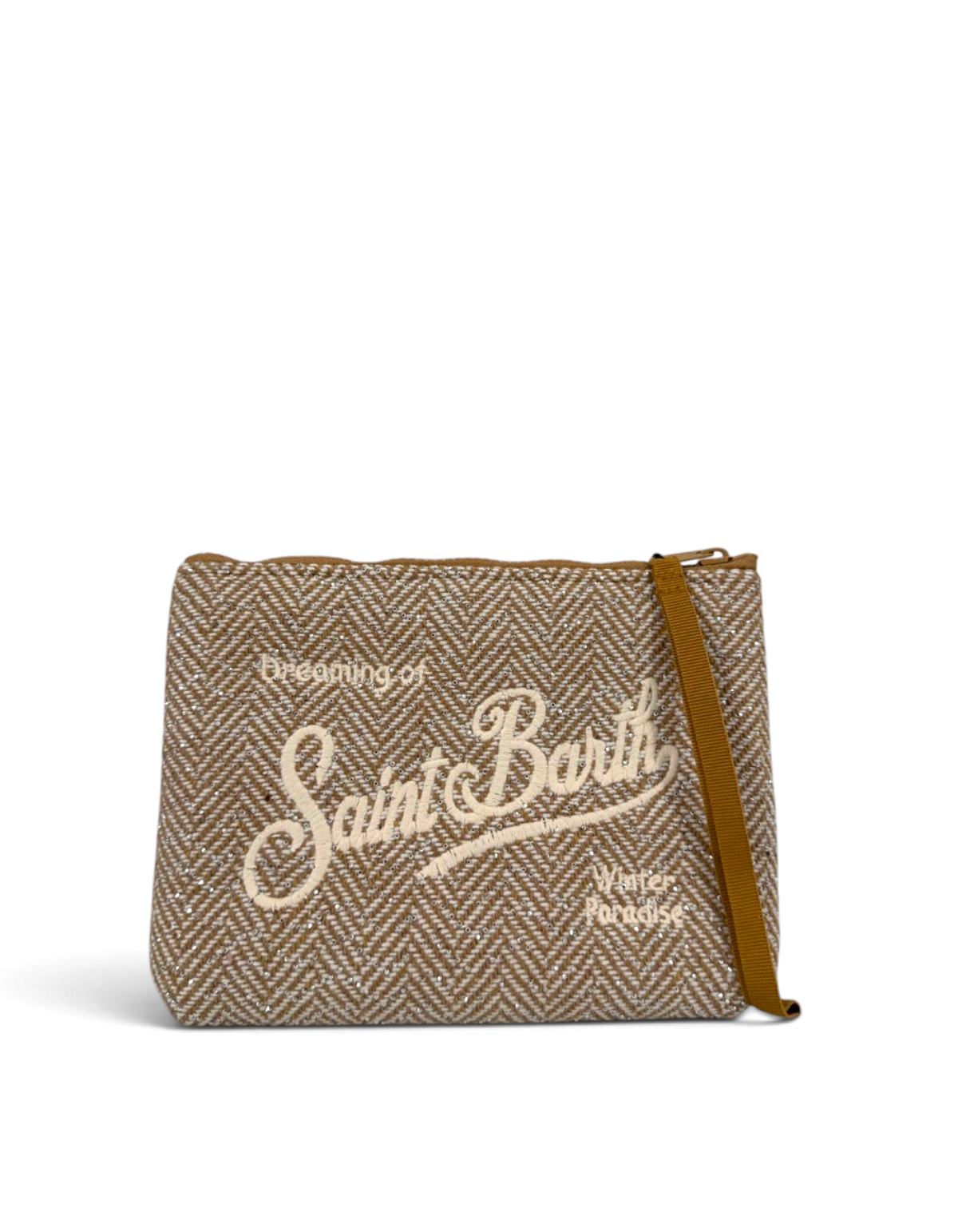 Pochette DevidLabel Aline in lana a spina di pesce marrone con ricamo Saint Barth e dettagli strass