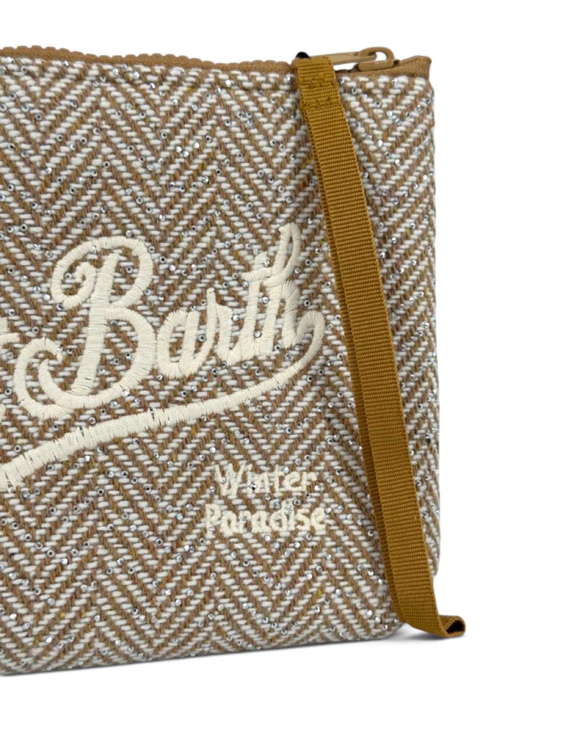 Pochette DevidLabel Aline in lana a spina di pesce beige con ricami bianchi, strass e chiusura a zip