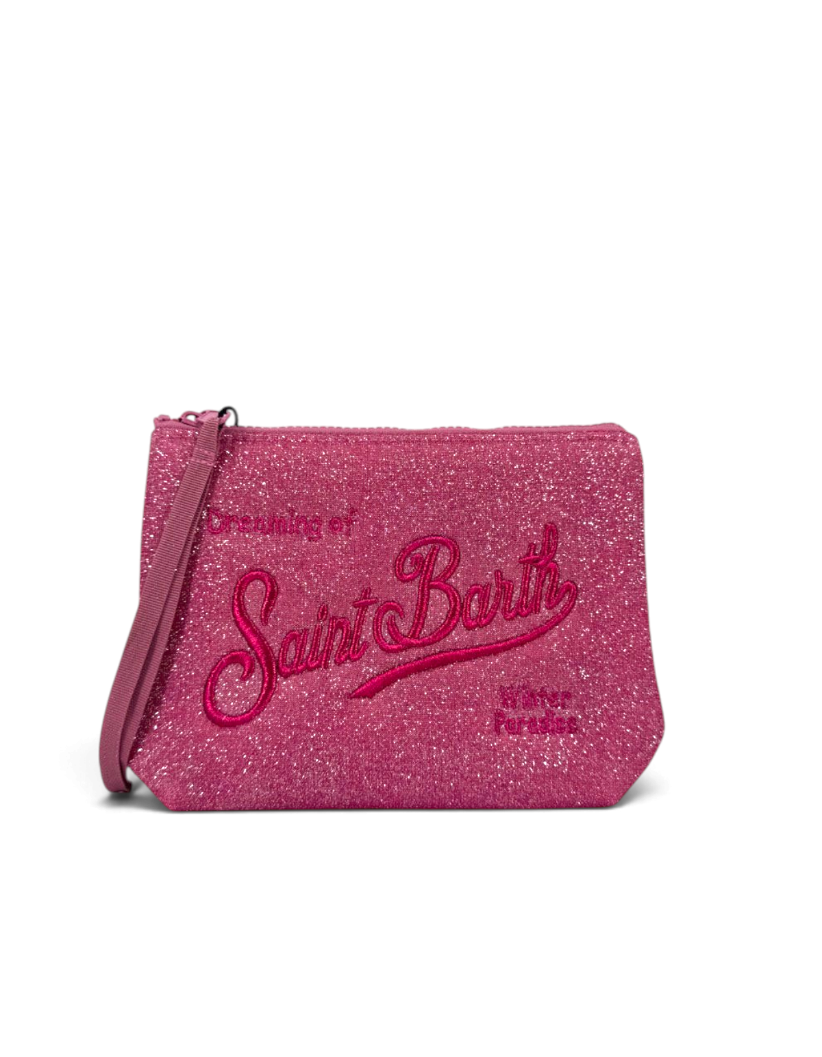 Pochette DevidLabel MC2 Saint Barth Aline Lurex rosa glitterata con logo ricamato e chiusura a zip