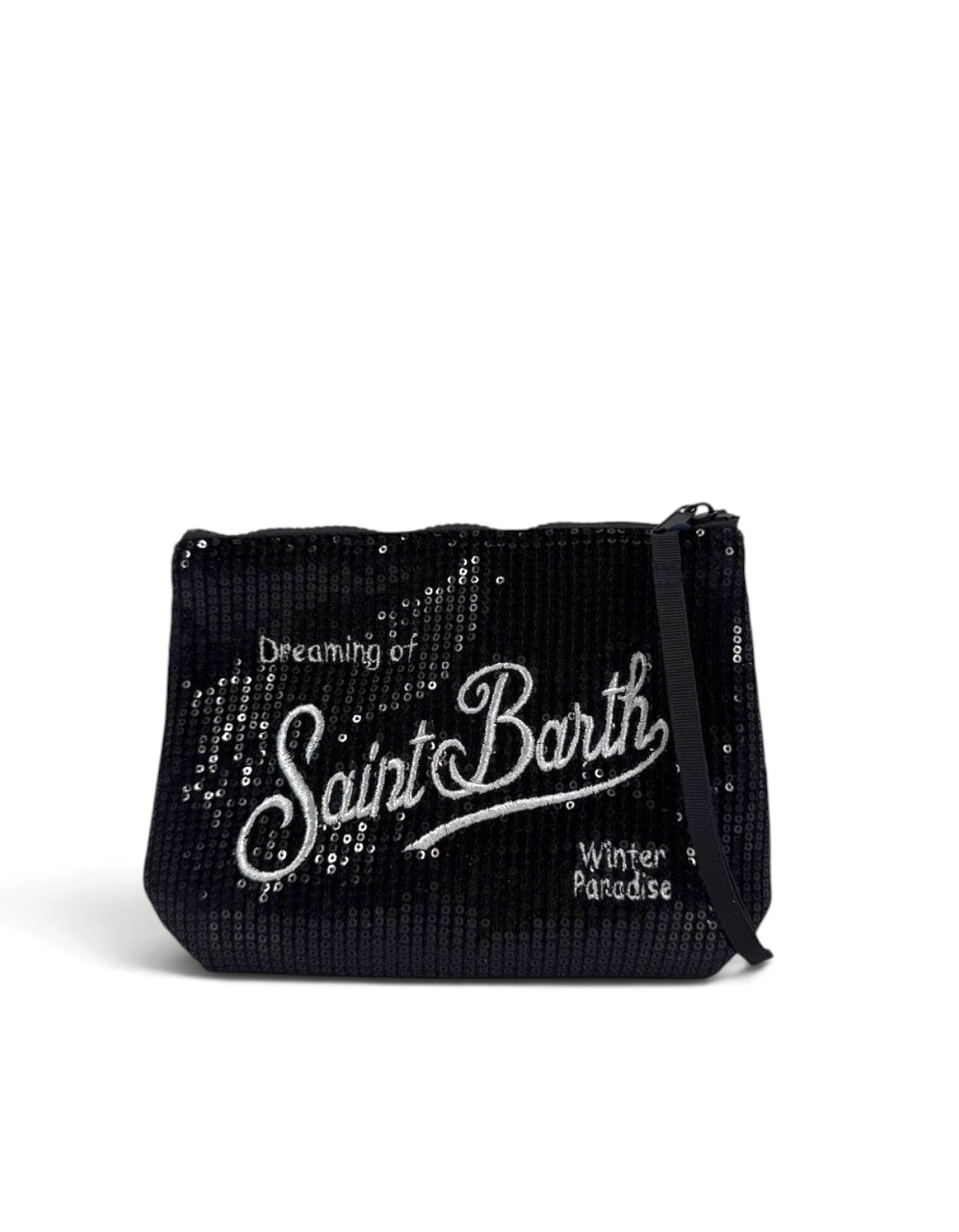 Pochette DevidLabel Aline in velluto nero con paillettes e ricamo Saint Barth, chiusura con zip e tirante