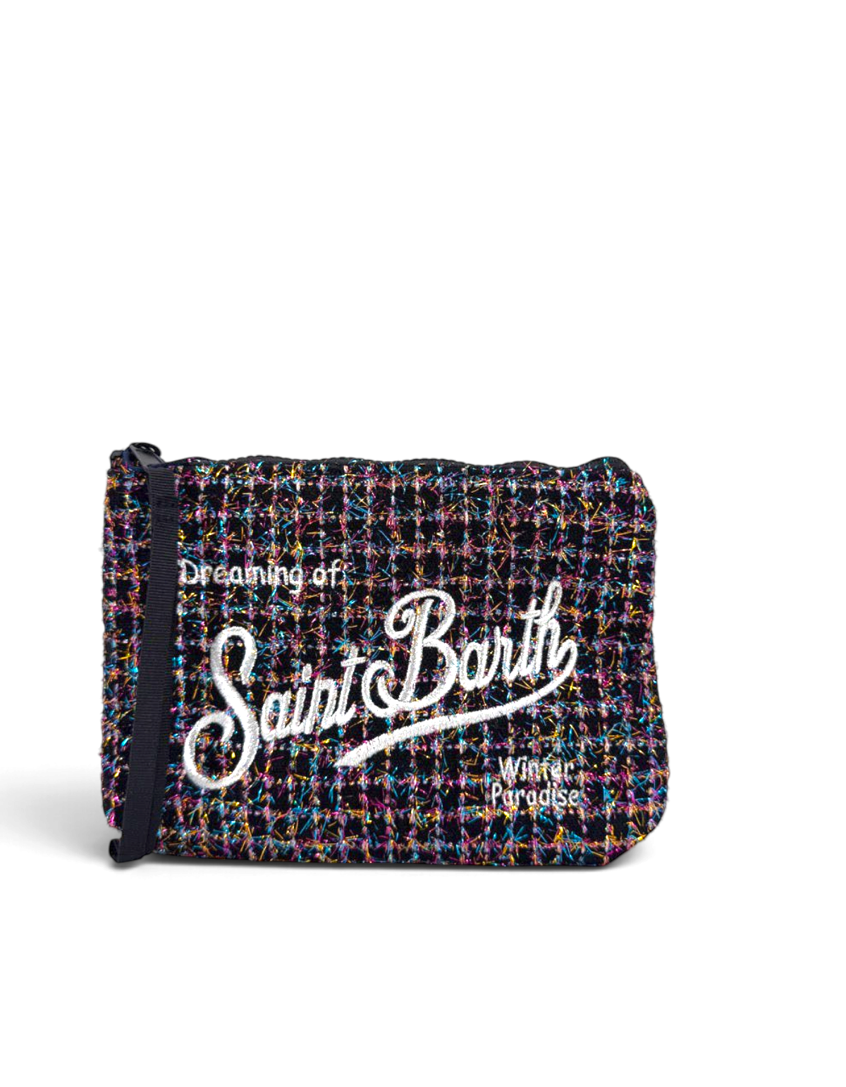 Pochette DevidLabel Aline in tweed multicolore con logo Saint Barth ricamato e chiusura a zip