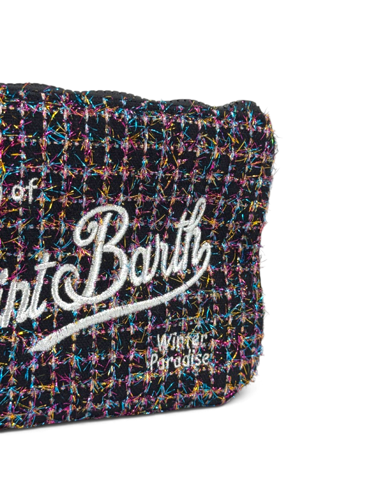 Pochette DevidLabel MC2 Saint Barth Aline in tweed nero con fili metallizzati lucidi e logo ricamato