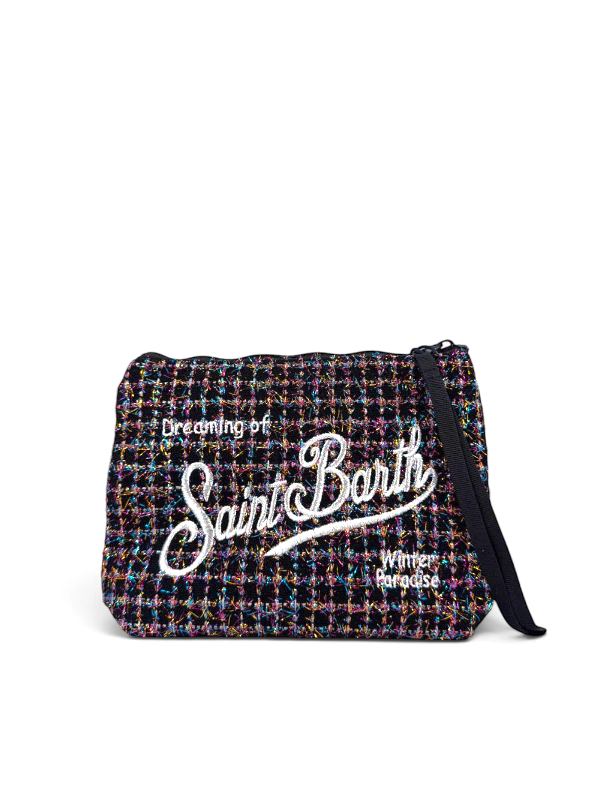 Pochette DevidLabel MC2 Saint Barth Aline in tweed multicolore con logo ricamato e chiusura a zip