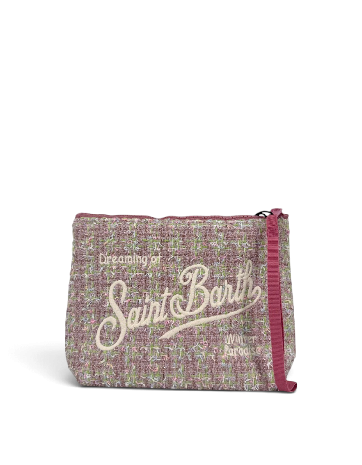 Pochette DevidLabel MC2 Saint Barth Aline in tweed lurex viola con logo ricamato e chiusura a zip