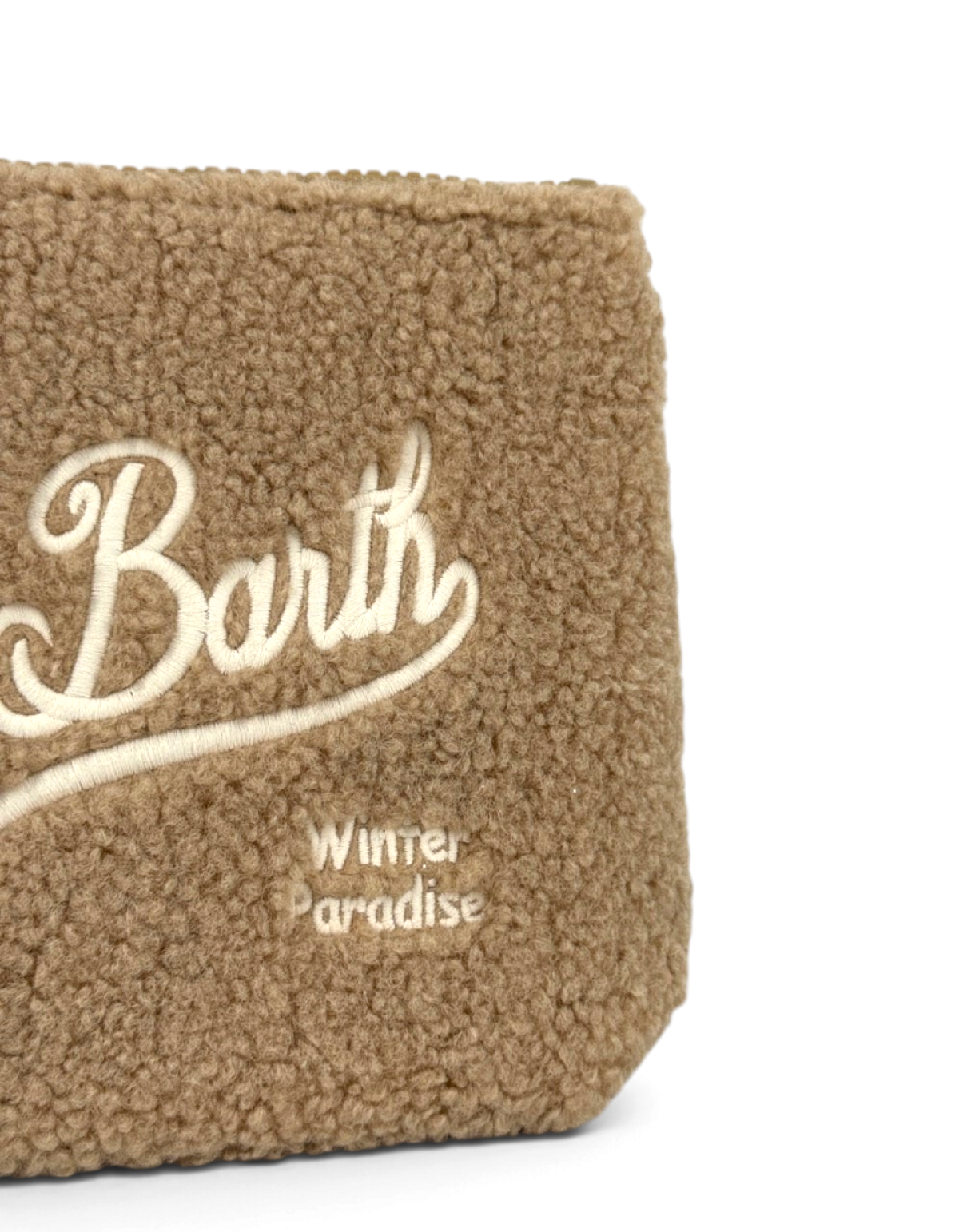Pochette DevidLabel Aline Teddy marrone in tessuto effetto pelliccia con ricamo logo Saint Barth Winter Paradise