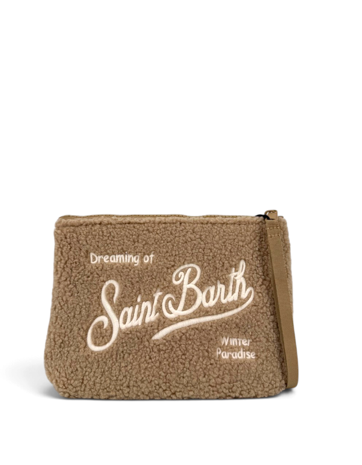 Pochette DevidLabel Aline Teddy in morbido tessuto effetto orsetto color marrone con ricamo Saint Barth