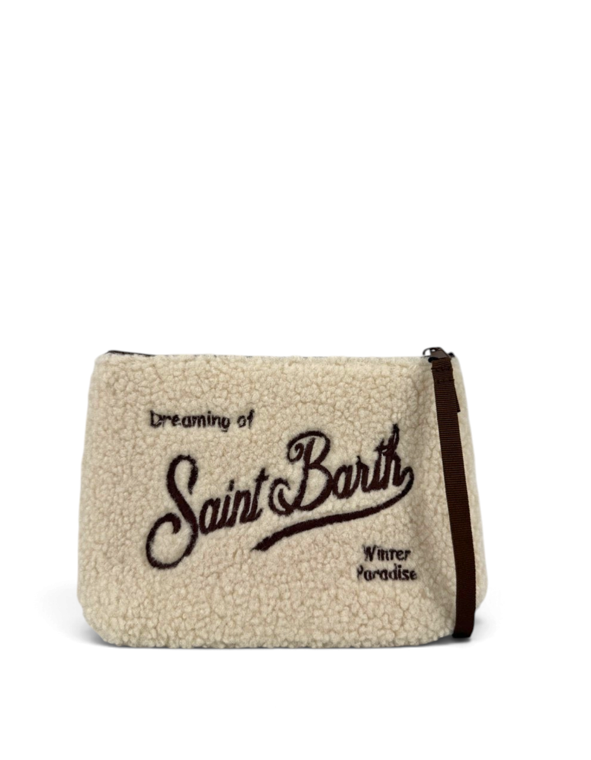 Pochette DevidLabel Aline Teddy in morbido tessuto effetto lana beige con ricamo marrone e chiusura a zip