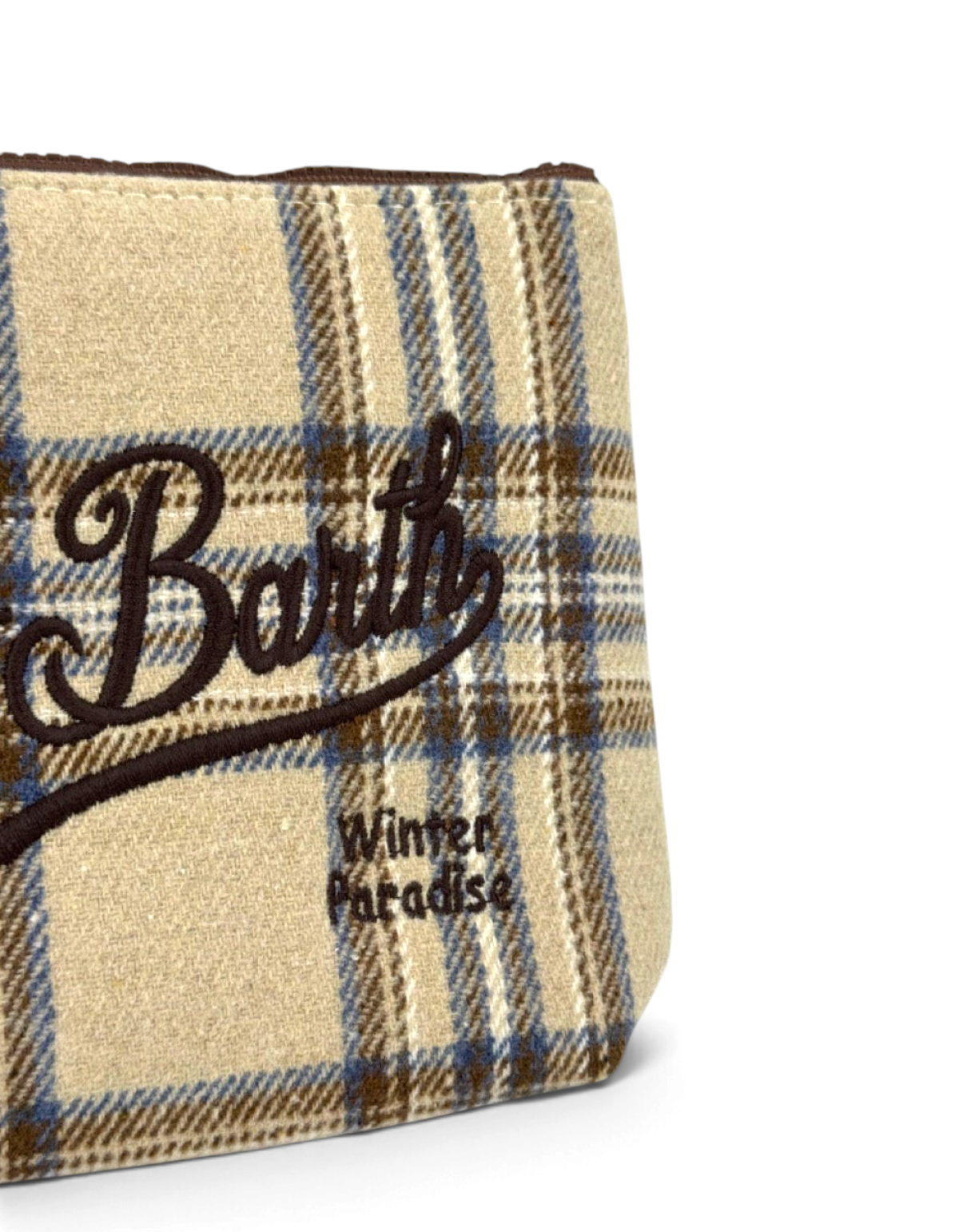 Pochette DevidLabel Aline in lana con motivo tartan beige e blu, chiusura zip e ricamo logo Saint Barth