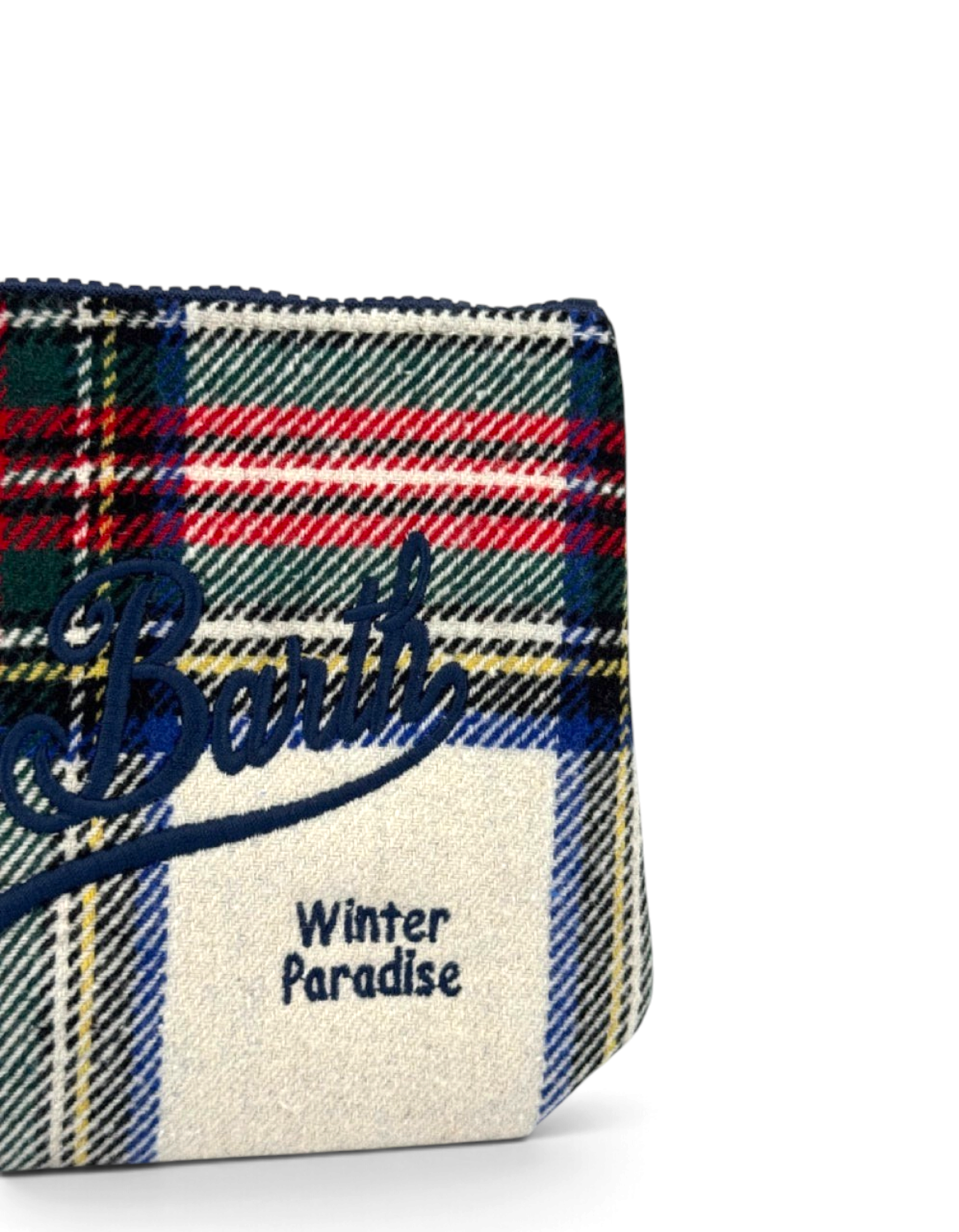 Pochette DevidLabel Aline in lana tartan con ricamo blu Saint Barth e scritta Winter Paradise