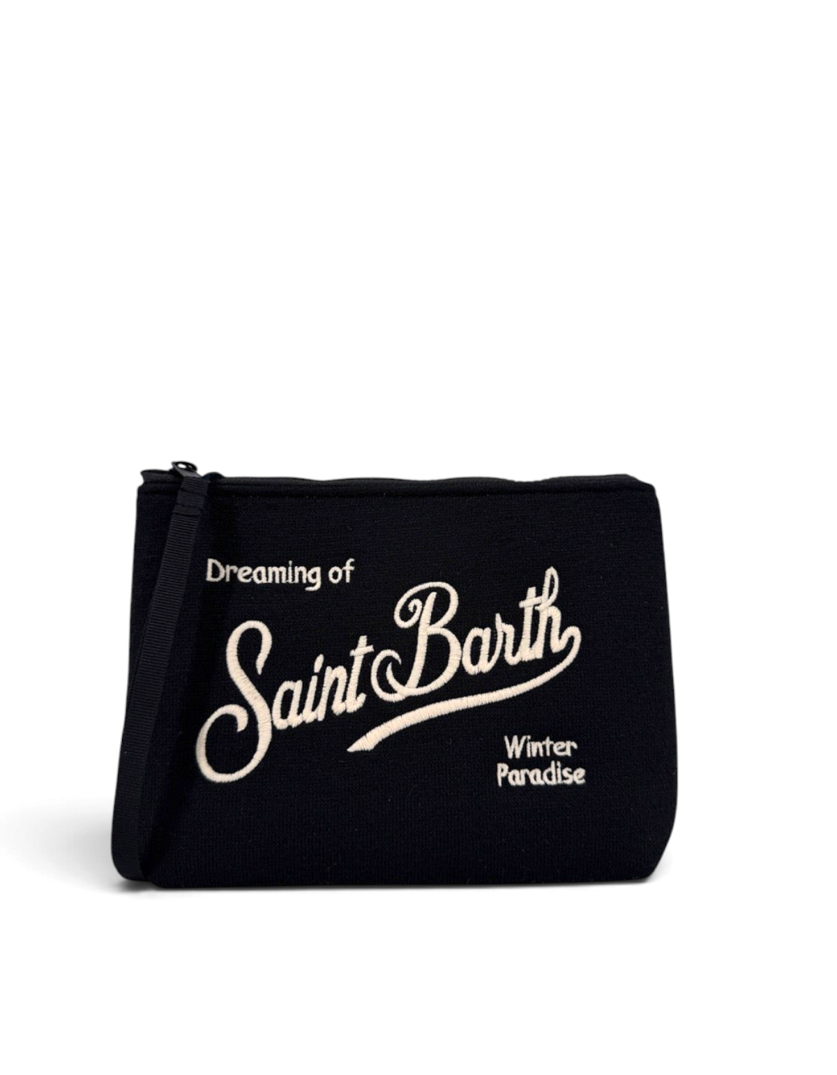 Pochette DevidLabel MC2 Saint Barth Aline in lana nera con ricamo bianco e chiusura a zip