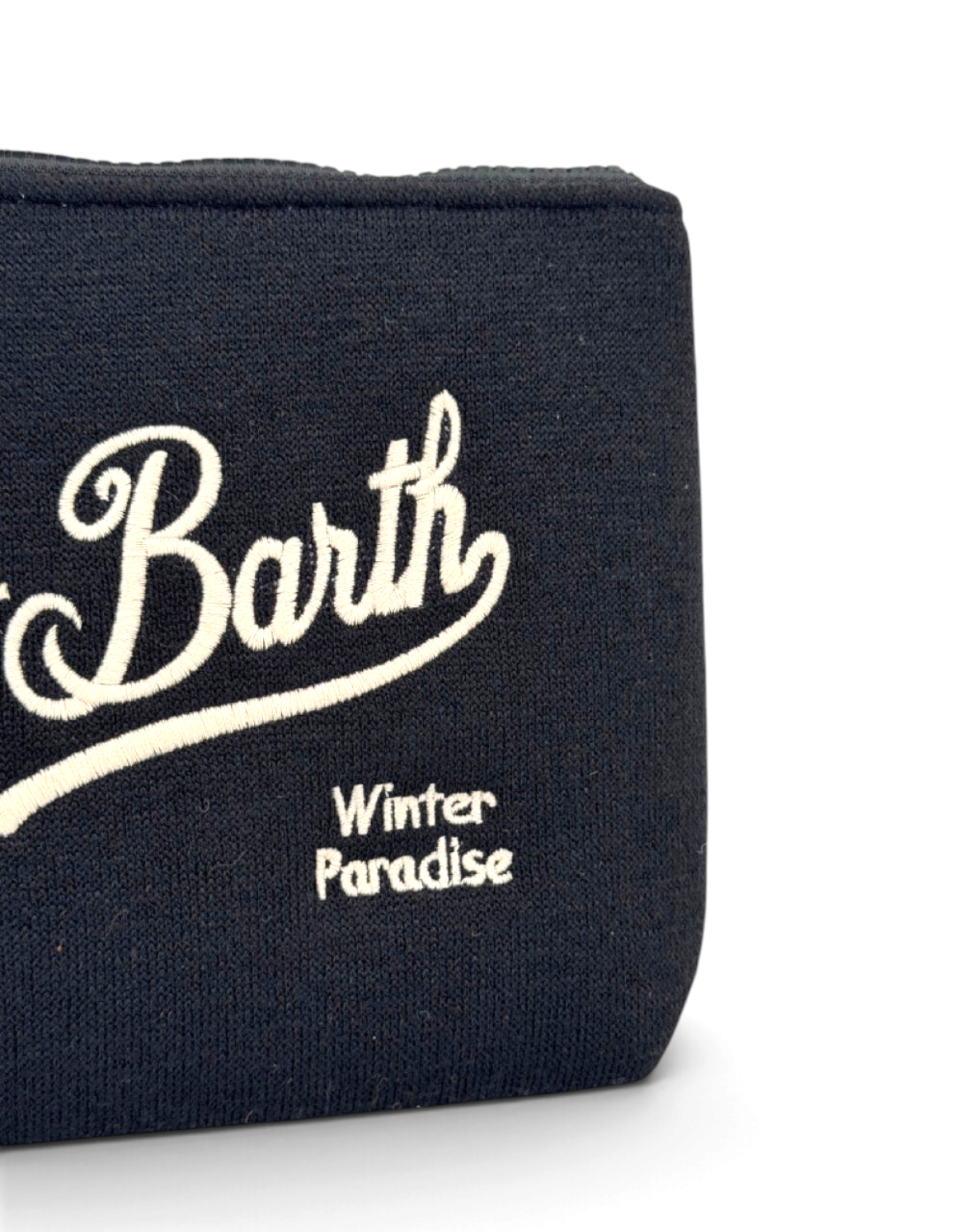 Pochette DevidLabel Aline Wool nera in maglia con logo ricamato bianco e scritta Winter Paradise
