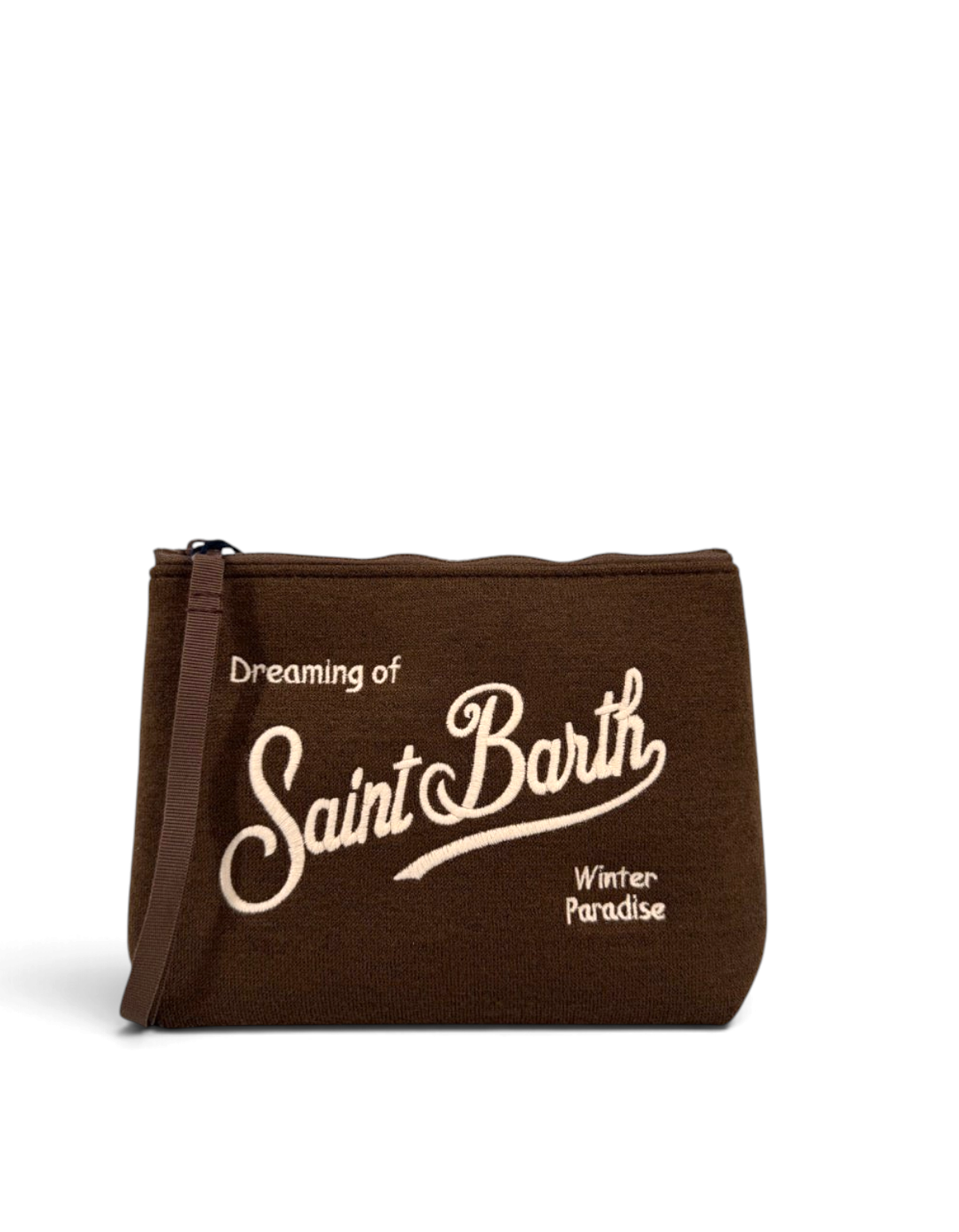 Pochette DevidLabel Aline Wool marrone con logo Saint Barth ricamato e chiusura a zip