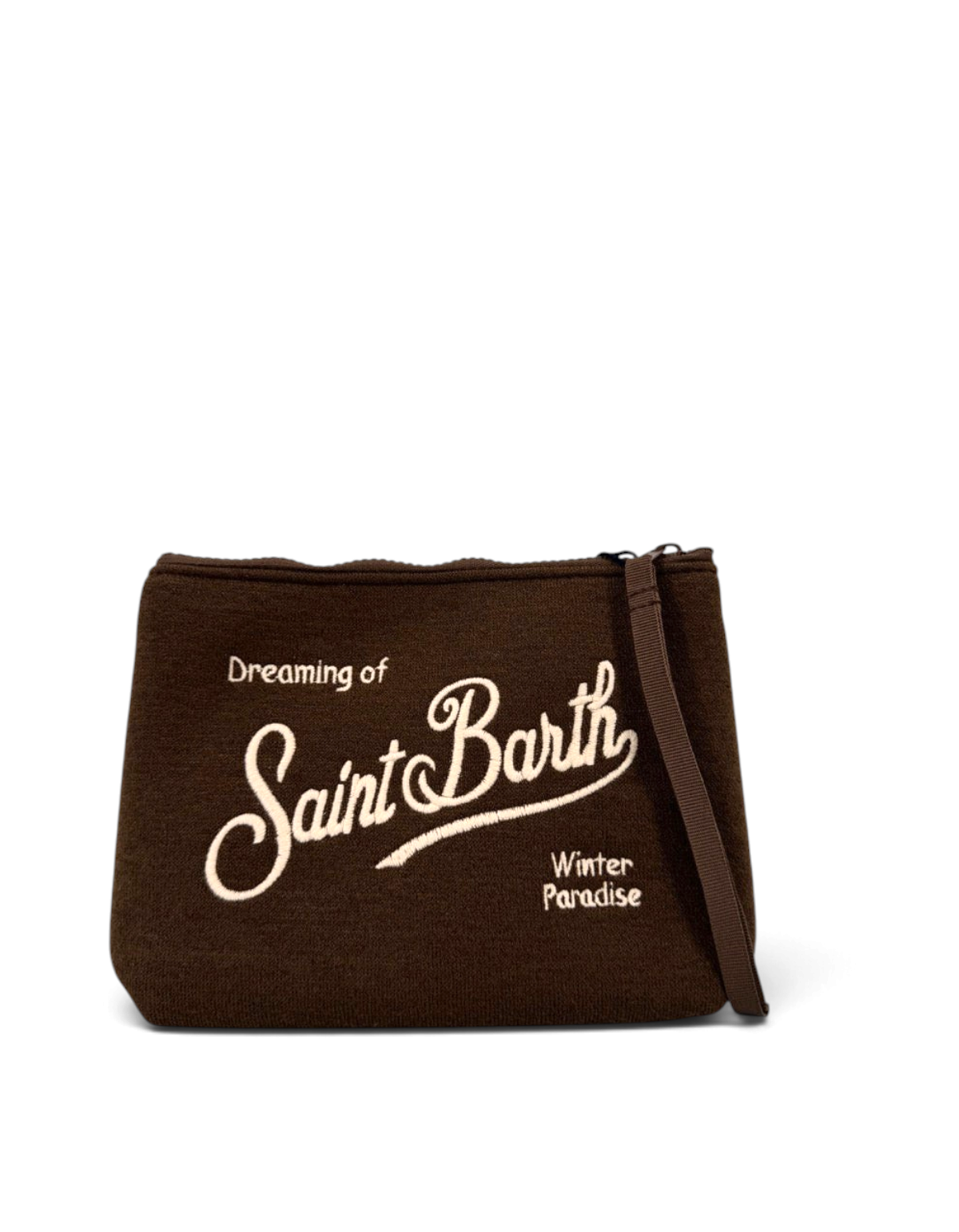 Pochette DevidLabel MC2 Saint Barth Aline in lana marrone con ricamo bianco e chiusura a zip