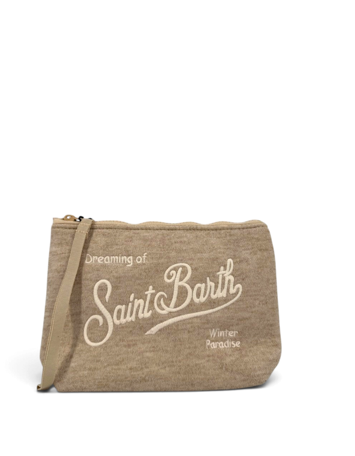 Pochette DevidLabel Aline Wool beige con ricamo Saint Barth e chiusura a zip, ideale come organizer o clutch.