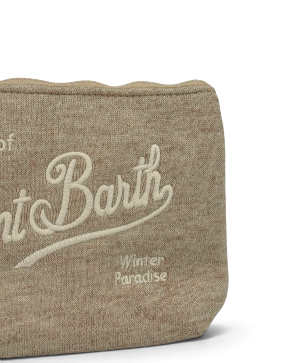 Dettaglio della pochette DevidLabel MC2 Saint Barth Aline Wool in lana beige con ricamo bianco Winter Paradise