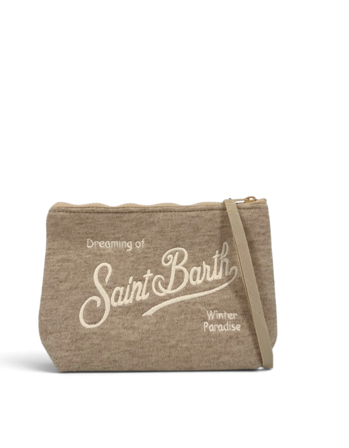 Pochette DevidLabel Aline Wool color tortora con ricamo Saint Barth e chiusura a zip, ideale come clutch o organizer