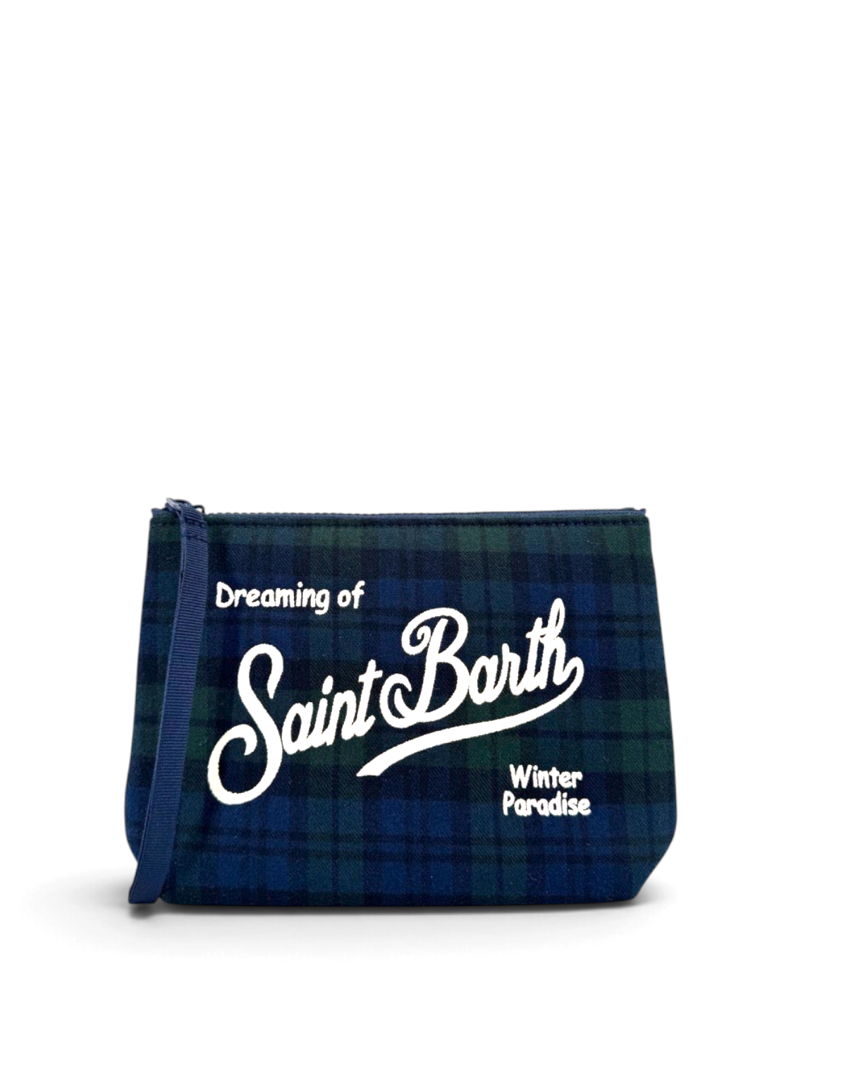 Pochette DevidLabel Aline in lana tartan blu e verde con ricamo bianco Saint Barth e chiusura a zip