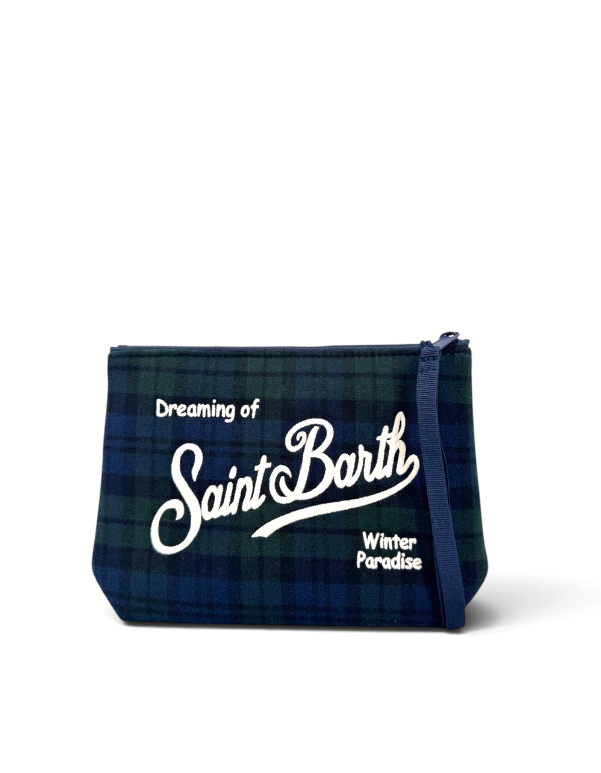 Pochette DevidLabel MC2 Saint Barth Aline in lana tartan blu e verde con ricamo bianco e chiusura a zip