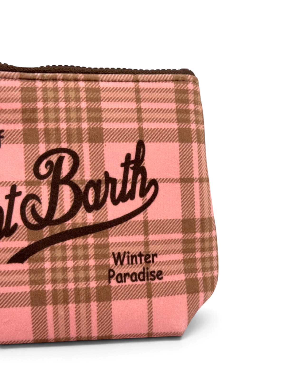 Pochette DevidLabel MC2 Saint Barth Aline W in tessuto tartan rosa e marrone con logo e chiusura a zip