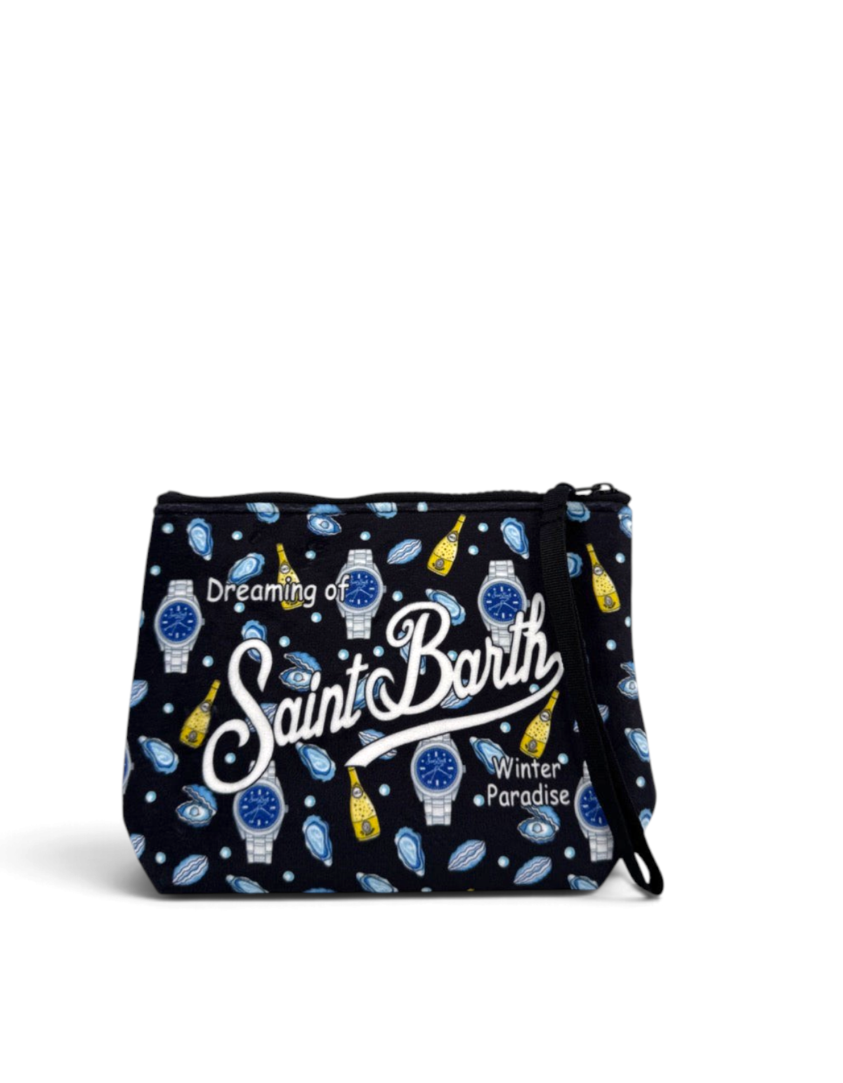 Pochette DevidLabel Aline W nera con stampa orologi e bottiglie, chiusura a zip e logo Saint Barth bianco