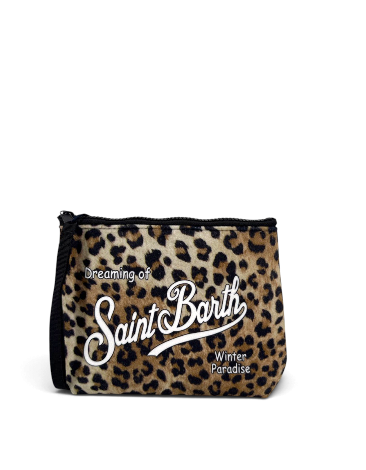 Pochette DevidLabel MC2 Saint Barth Aline in tessuto tecnico leopardato con scritta Winter Paradise e laccetto nero