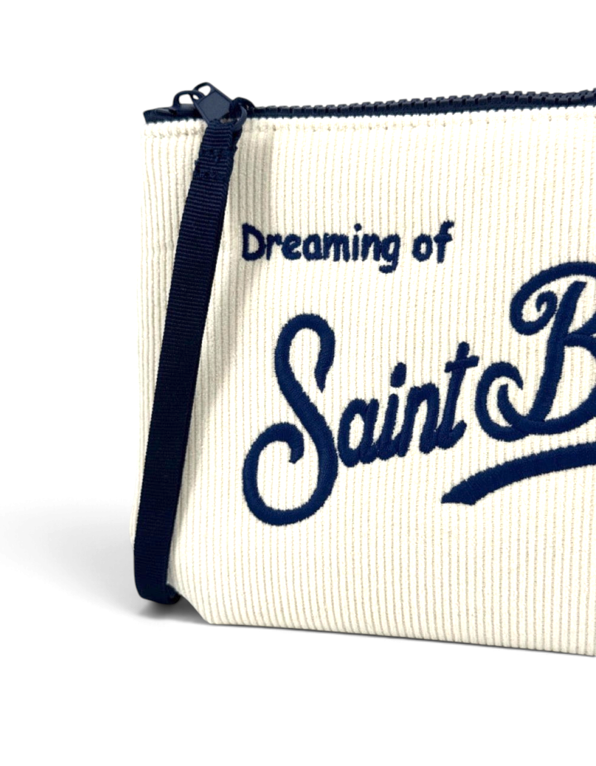Pochette DevidLabel MC2 Saint Barth Aline in velluto a coste color crema con ricamo blu e chiusura a zip