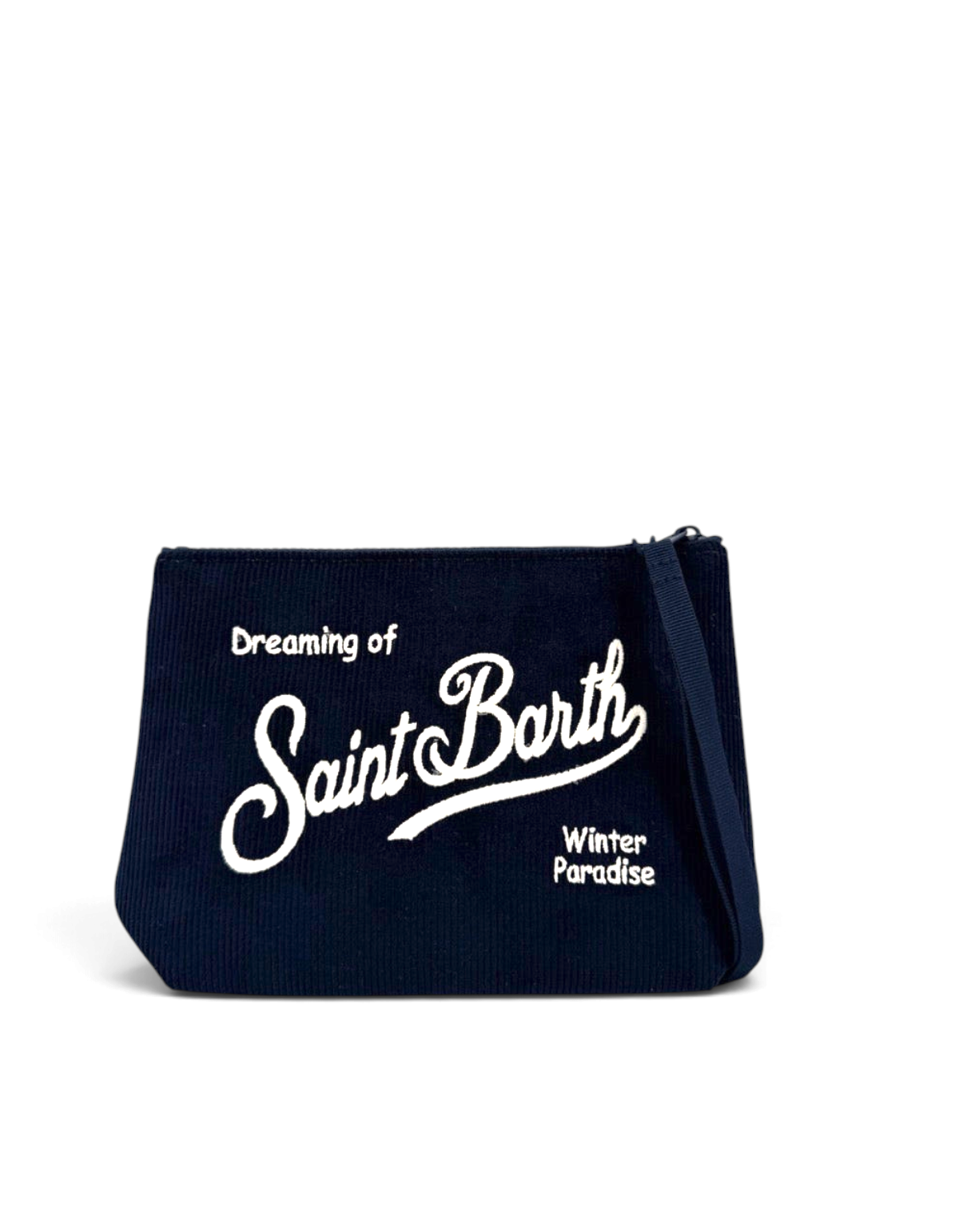 Pochette DevidLabel MC2 Saint Barth Aline in velluto a coste blu con ricamo bianco e chiusura a zip
