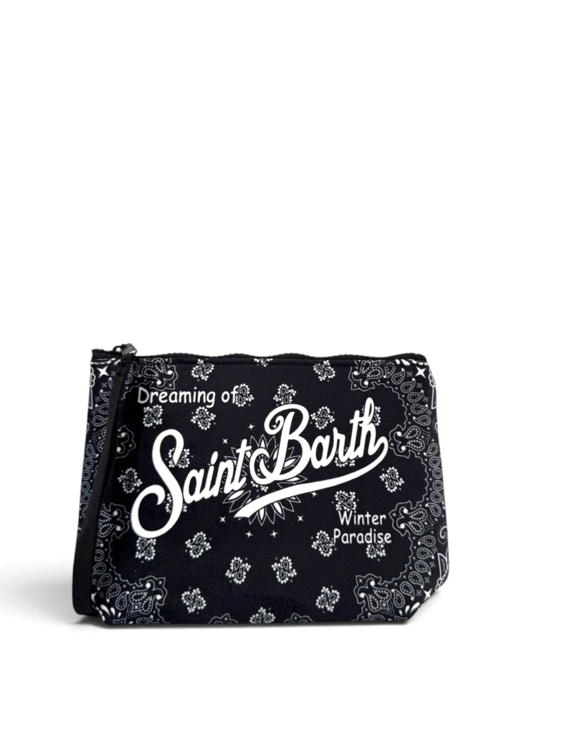Pochette DevidLabel MC2 Saint Barth Aline W nera con stampa bandana bianca e logo frontale, chiusura con zip