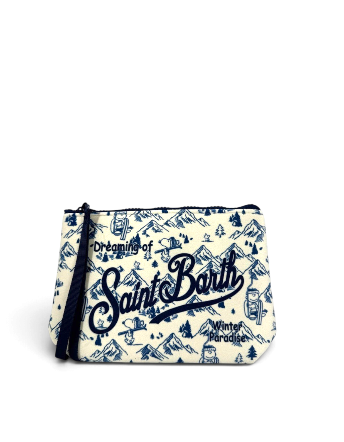 Pochette DevidLabel Aline W con stampa Peanuts Ski Toile blu su fondo avorio, chiusura zip e logo Saint Barth