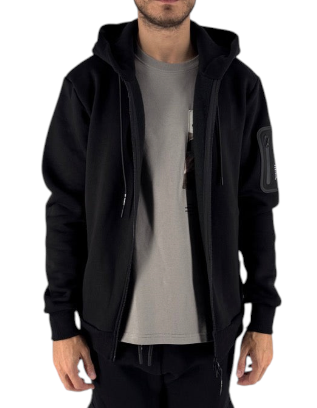 Felpa full zip nera Ko Samui in misto cotone con cappuccio e tasca tecnica sulla manica, vestibilità regular fit