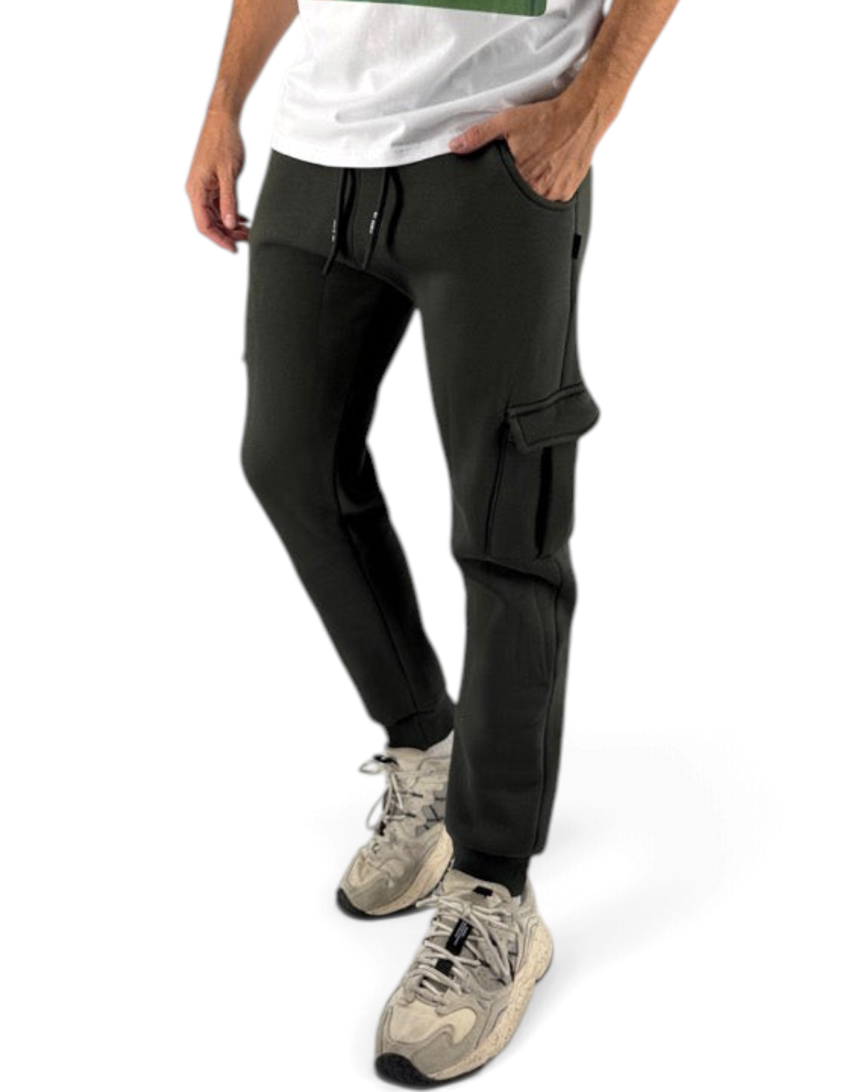 Pantaloni felpa Ko Samui in misto cotone color military, vestibilità regular fit con tasche cargo laterali