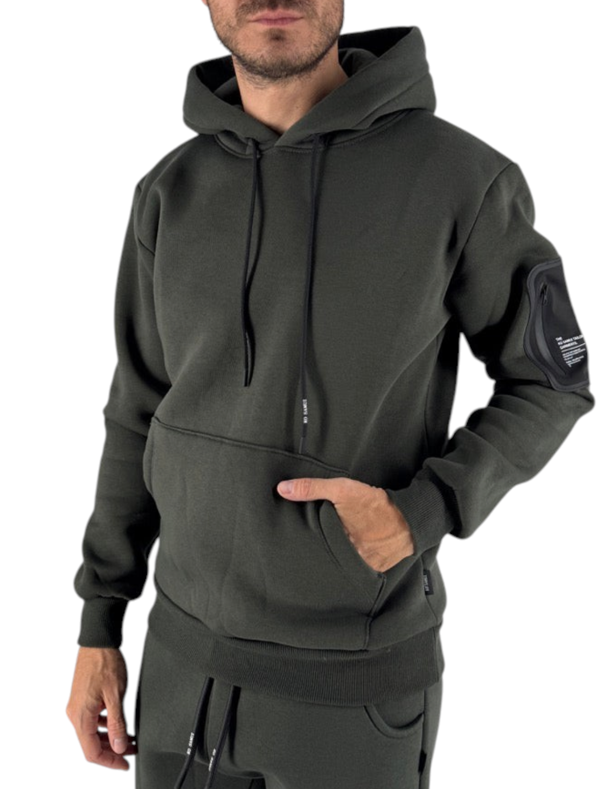 Felpa con cappuccio Ko Samui Repocket in misto cotone color verde militare con tasca tecnica sulla manica