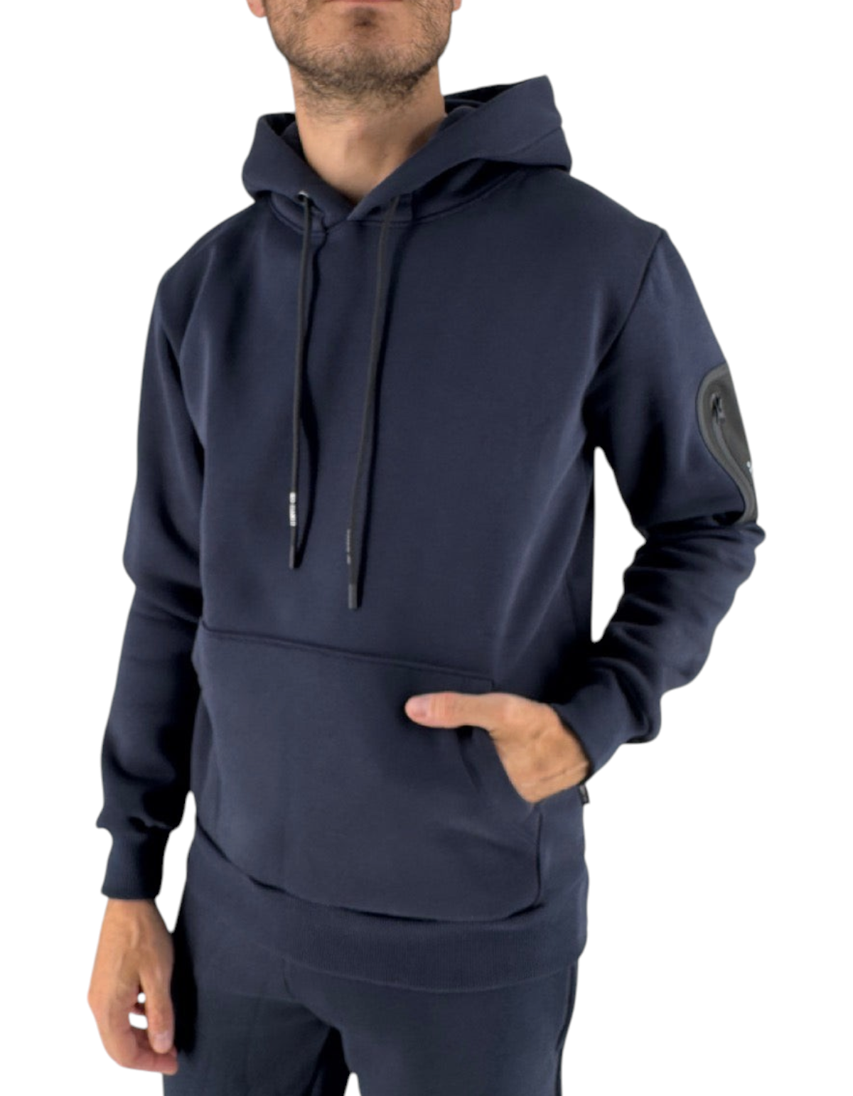 Felpa con cappuccio Ko Samui Repocket blu navy in misto cotone con tasca frontale e dettaglio tecnico sulla manica