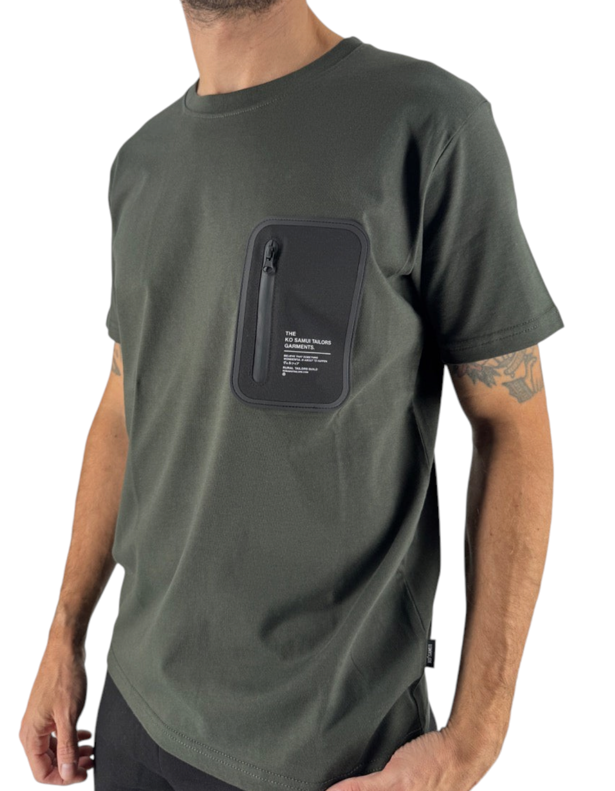 T-shirt uomo Ko Samui Repocket verde militare in cotone con tasca tecnica frontale e zip