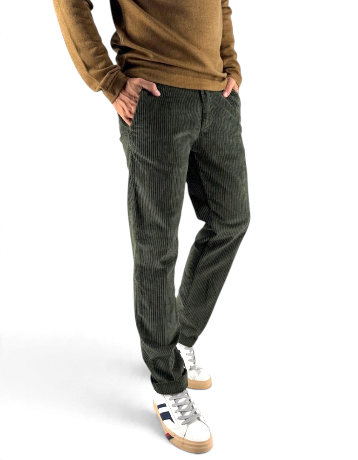 Pantalone uomo DevidLabel Richmond in velluto rocciatore verde, vestibilità regular slim, stile sartoriale italiano.
