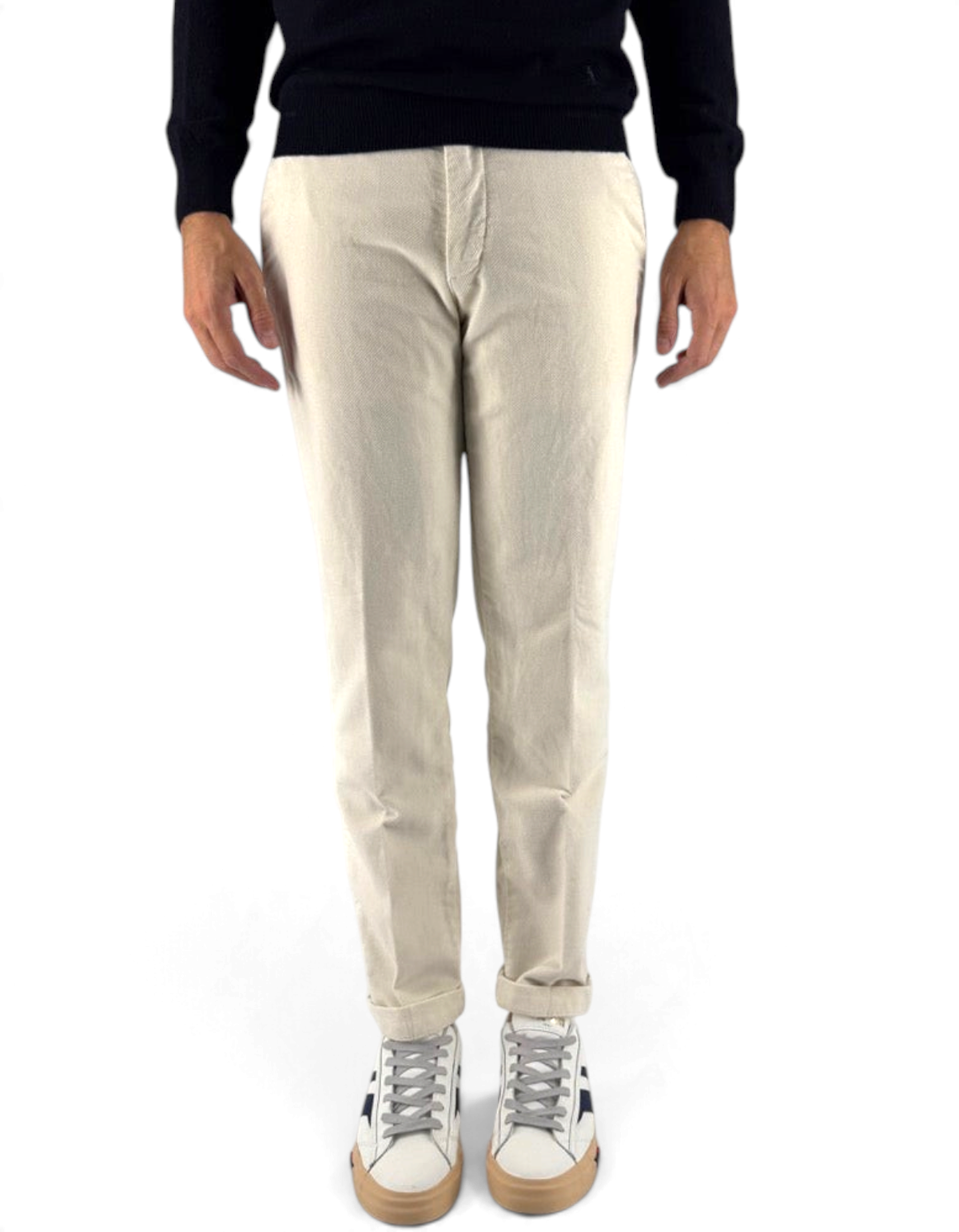 Pantalone uomo Chester color gesso in velluto diagonale, dettaglio sartoriale