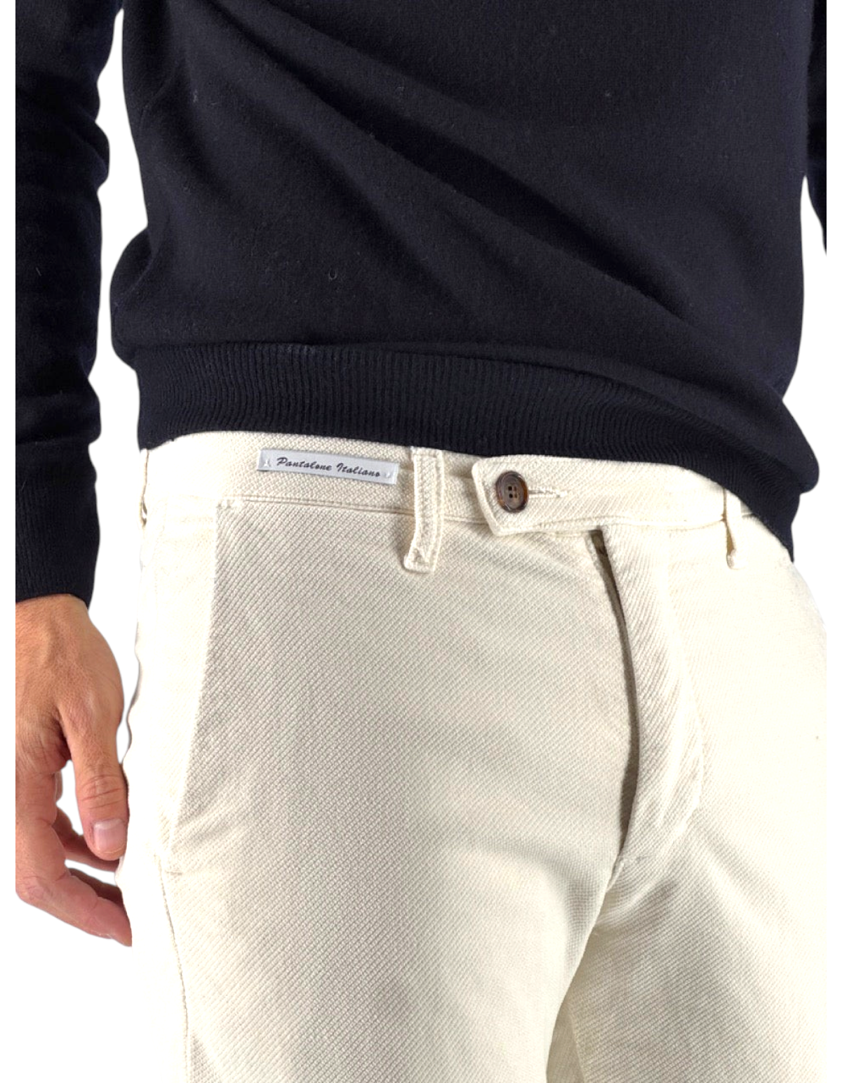 Devid Label Chester in velluto diagonale gesso, vestibilità slim fit e fondo ispirazione Capri