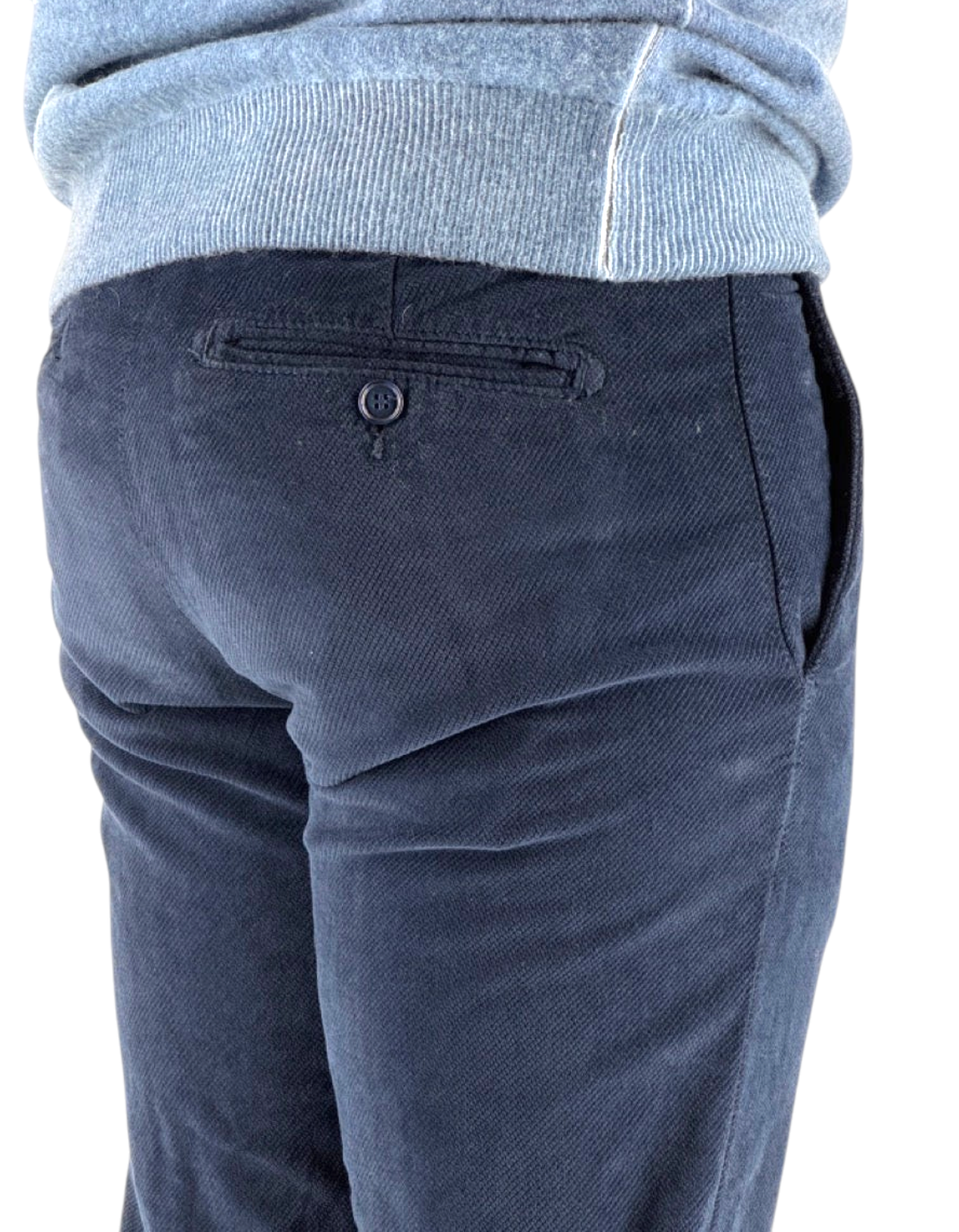 Pantalone uomo Chester color blu in velluto diagonale, dettaglio sartoriale